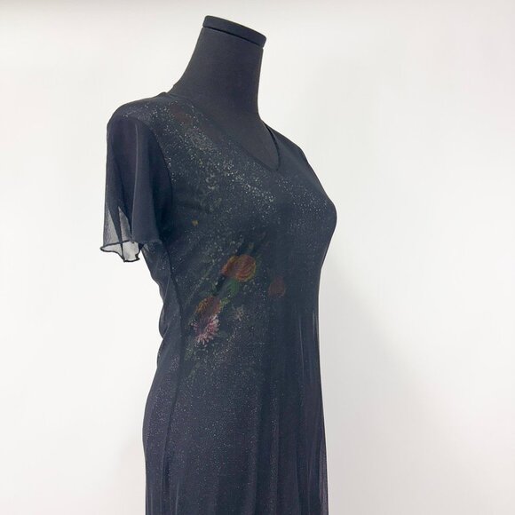 VINTAGE 90S STYLE LONG MESH MAXI DRESS SHIMMER WITH FLORALS - Picture 8 of 16